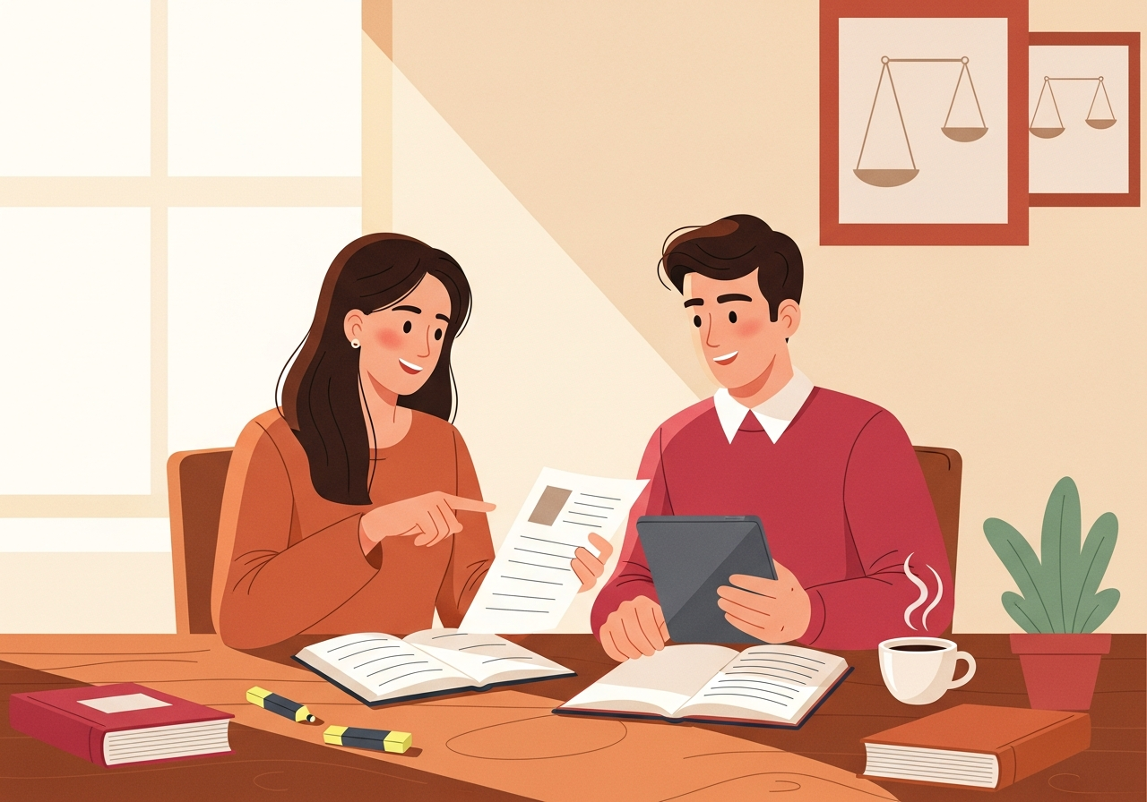 Two law students sitting together comparing their study notes